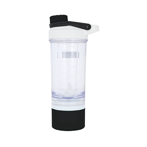 T-91, Shaker de plástico con compartimento, bola mezcladora plástica y tapa enroscable con asa. Cap. 500 ml.